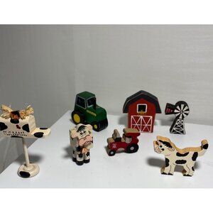 Handcrafted Wooden Farm Animal & Vehicle Figurine Set Tole Set of 7
